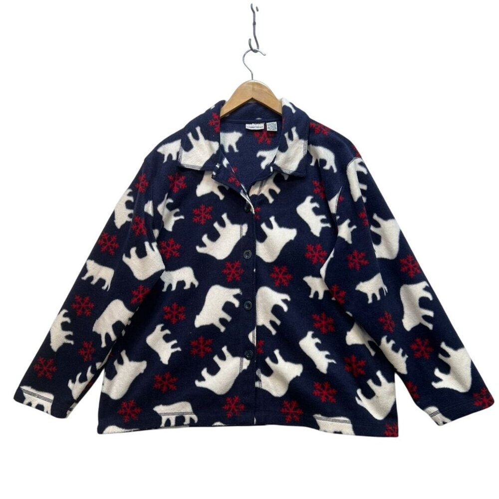 Cabin Creek Womens Fleece Jacket Size XL Blue Polar Bear Holiday Button Up Cozy